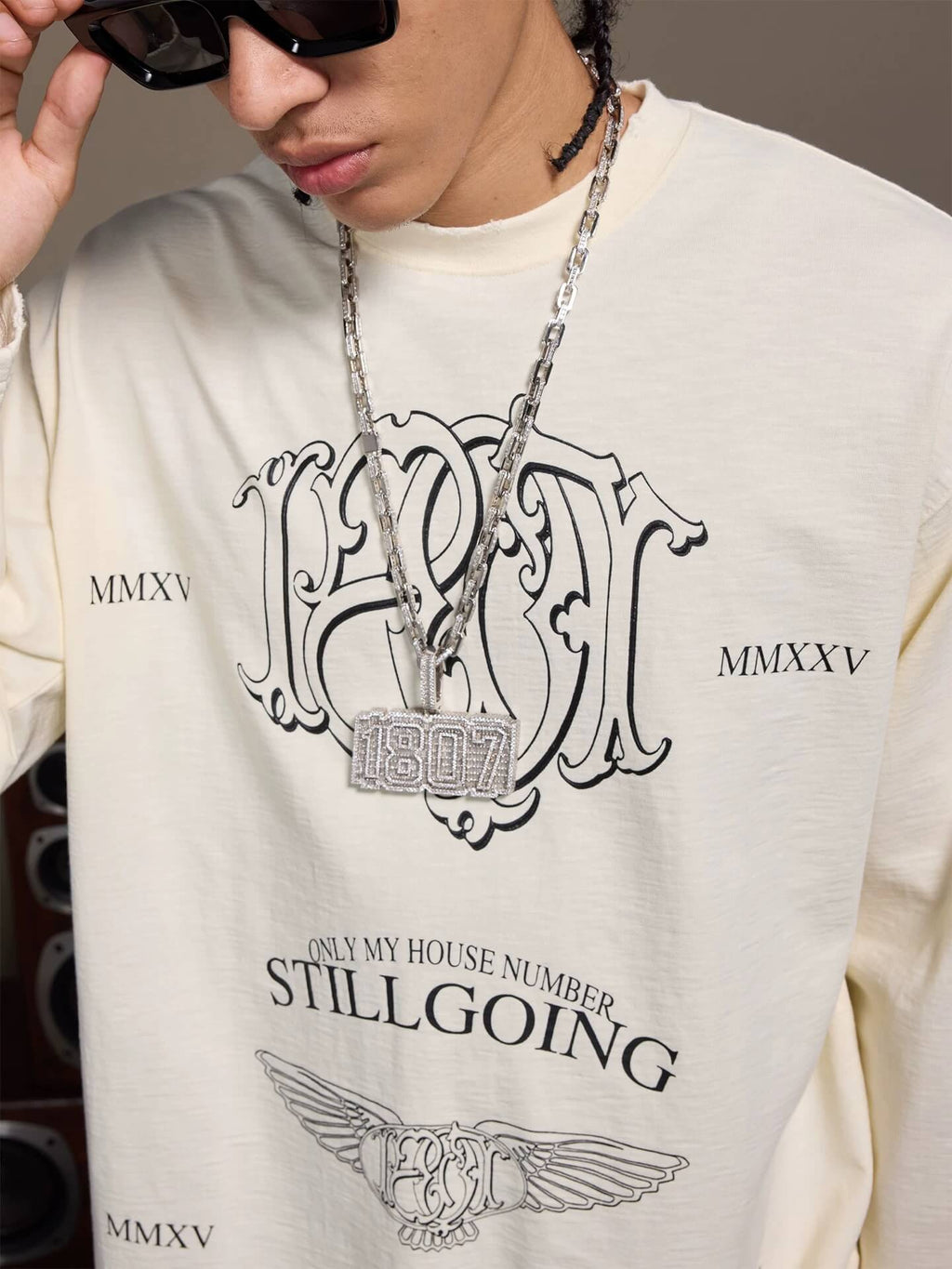 1807 Stamped Printed Distressed Long Sleeve Tee