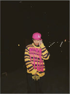 EVETS Logo Striped Fuzzy Knit Sweater