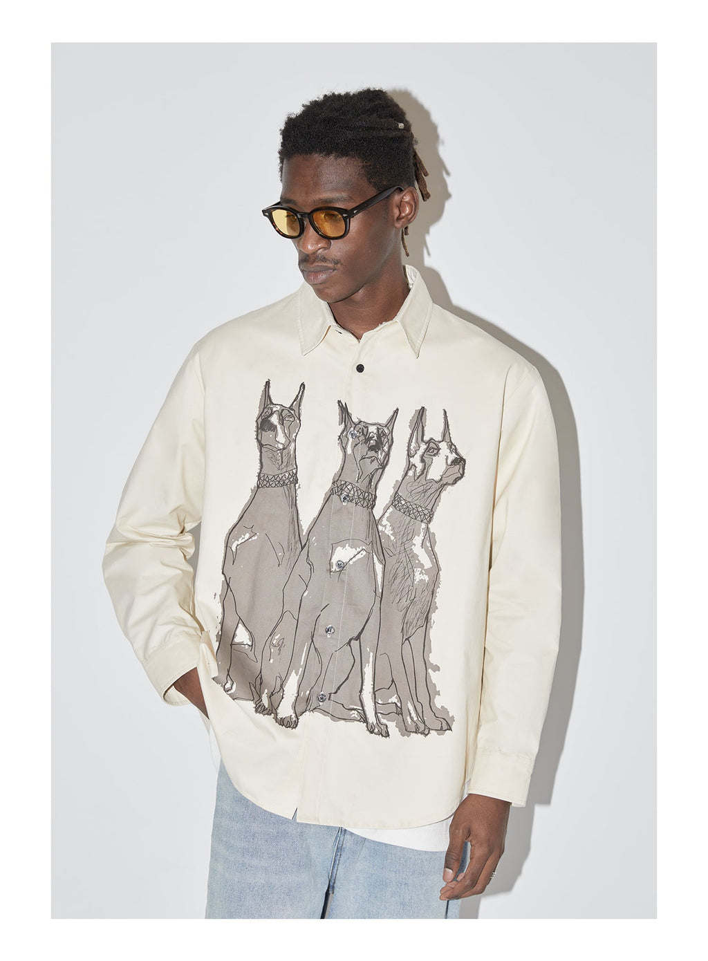 EMPTY REFERENCE Line Drawing Doberman Print Long Sleeved Shirt