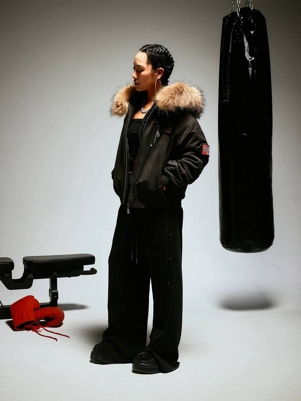 1807 Faux Fur Hood Trim Bomber Jacket