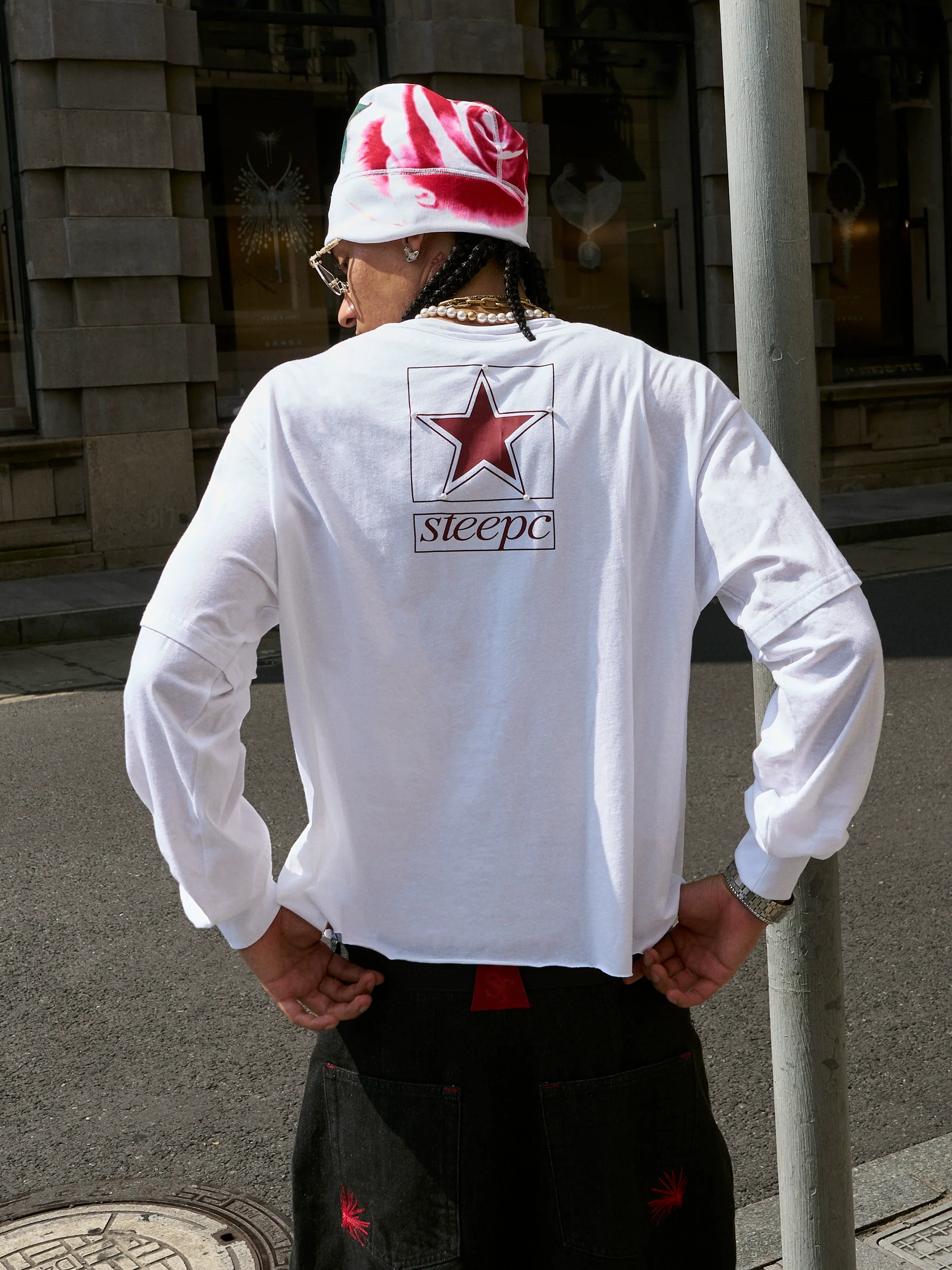 STEEPC Pearl Star Layered Henley Neck Long Sleeve Tee