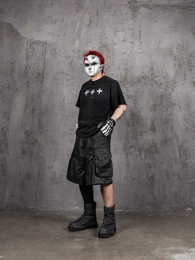 UNDERWATER Cross Print Washed Distressed Tee