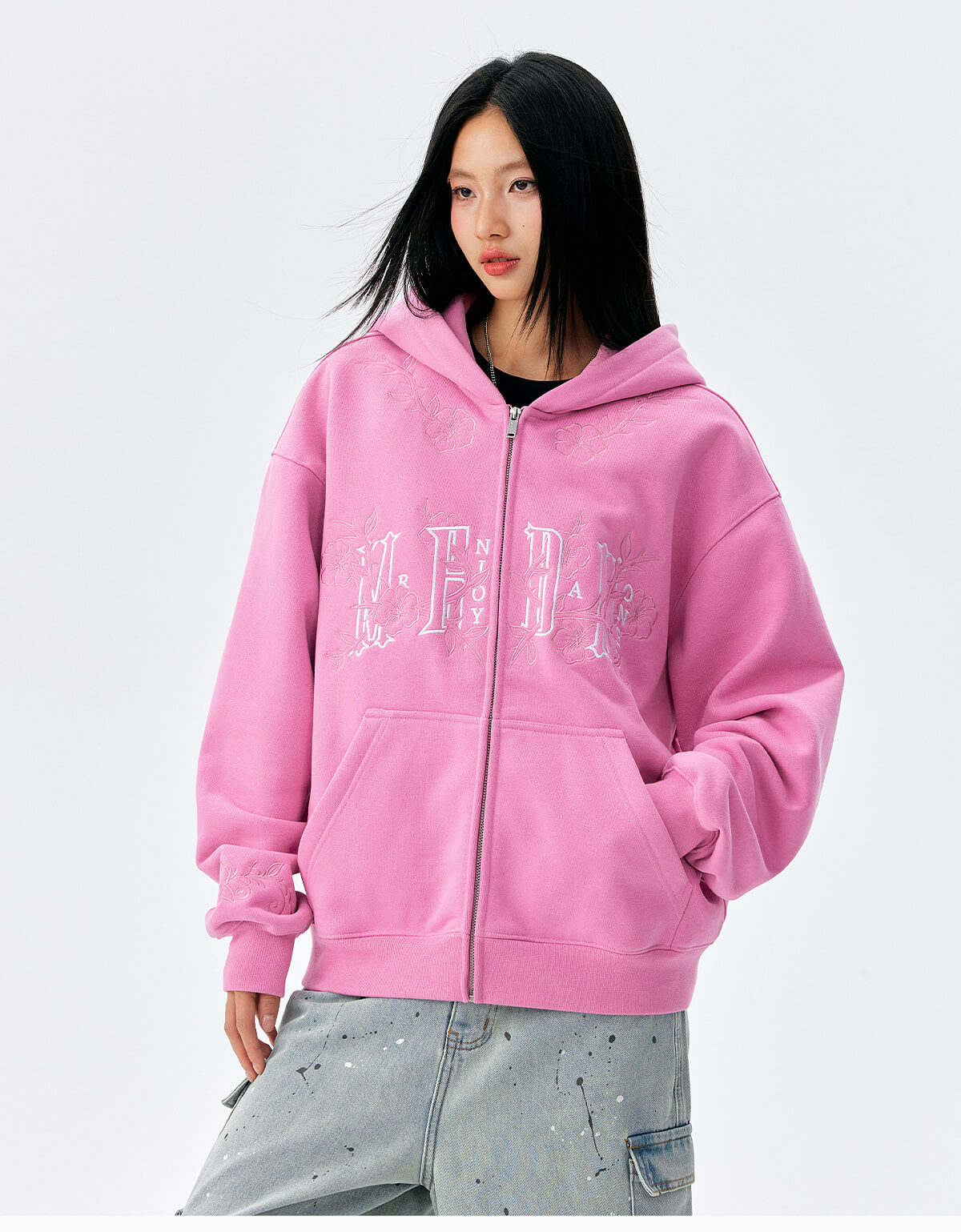 MEDM Flower Embroidered Zip Up Hoodie