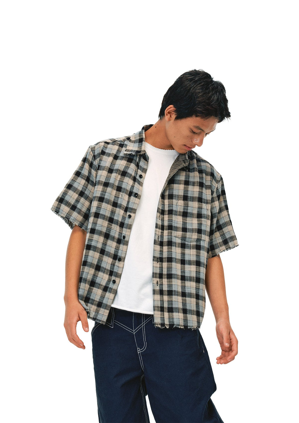 EVILKNIGHT(EK) Striped Plaid Reversible Short Sleeve Shirt