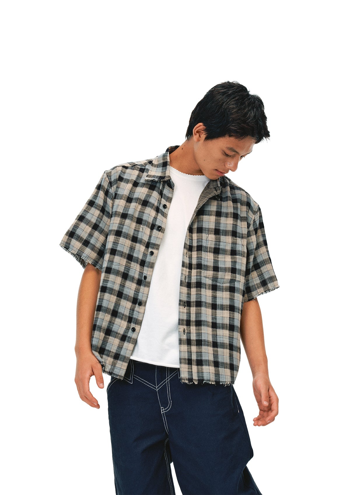 EVILKNIGHT(EK) Striped Plaid Reversible Short Sleeve Shirt