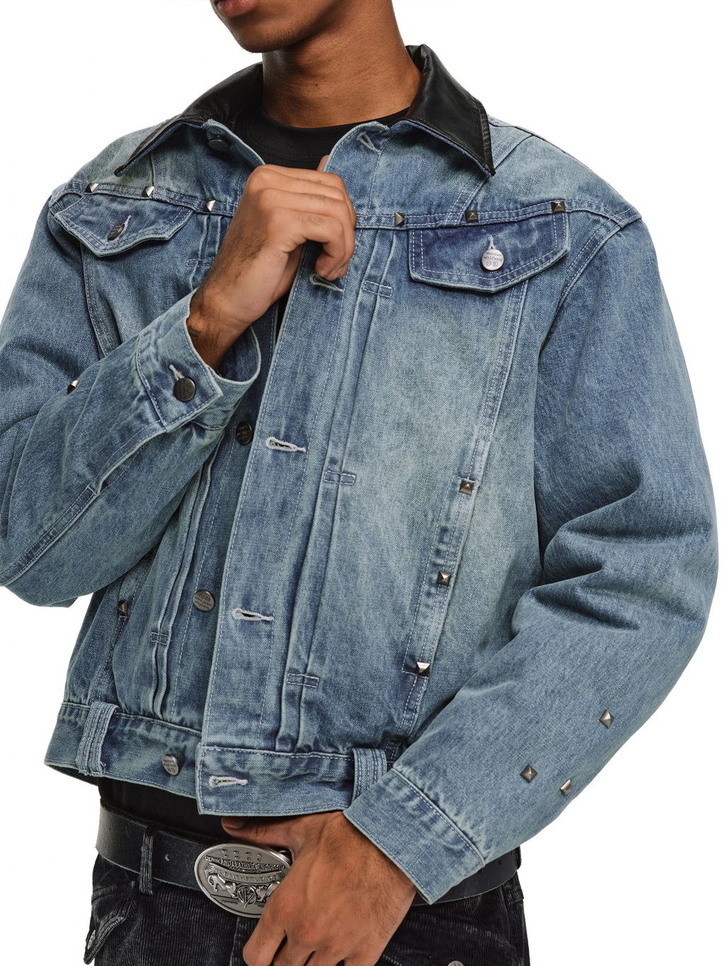 ANTIDOTE Rivet Studded Fleece Lined Denim Jacket