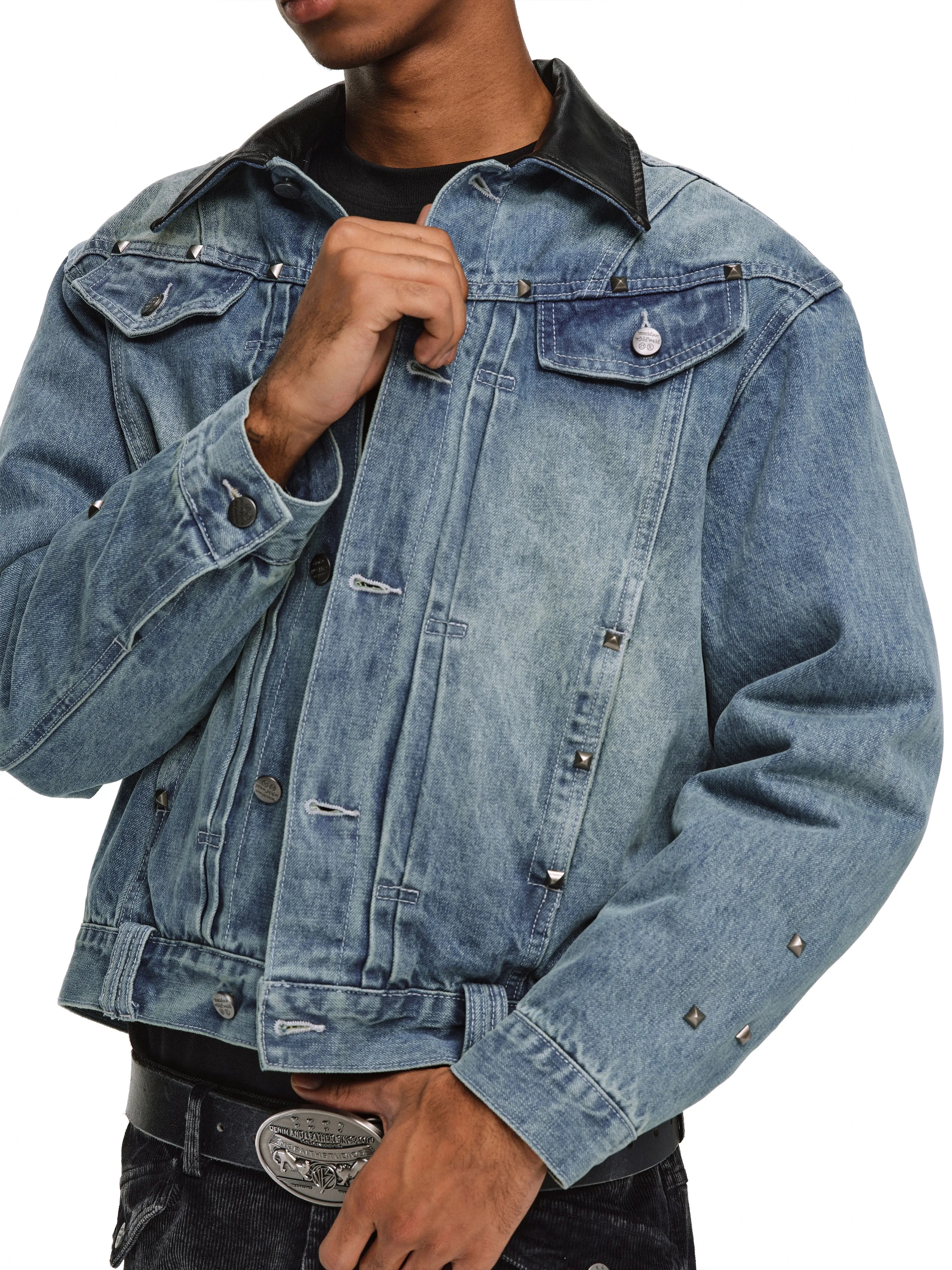 ANTIDOTE Rivet Studded Fleece Lined Denim Jacket