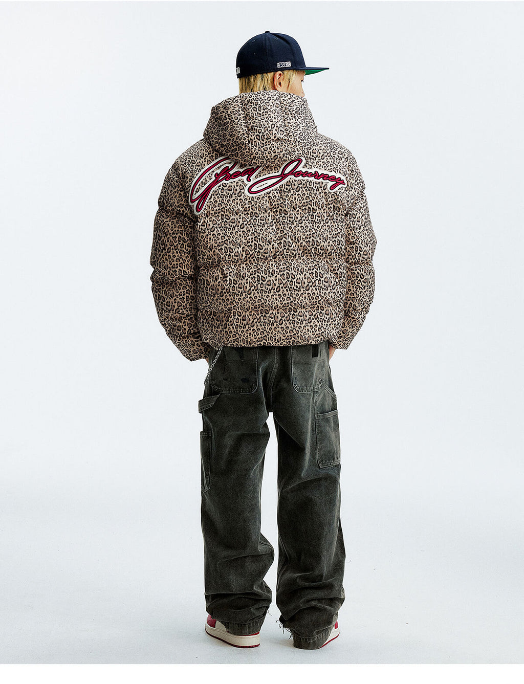 MEDM Leopard Leather Patch Puffer Jacket