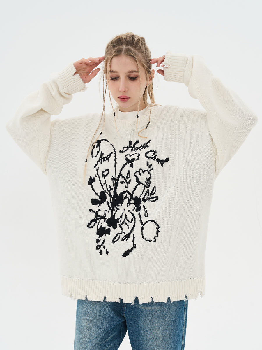 Harsh and Cruel Hand Drawn Flowers Knit Sweater