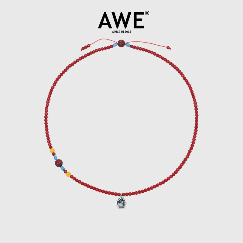 AWE Copper Box Pendant Red Beaded Necklace