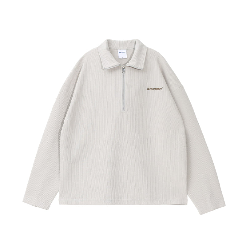 UNTILWERICH Waffle Logo Print Half Zip Long Sleeves Sweatshirt