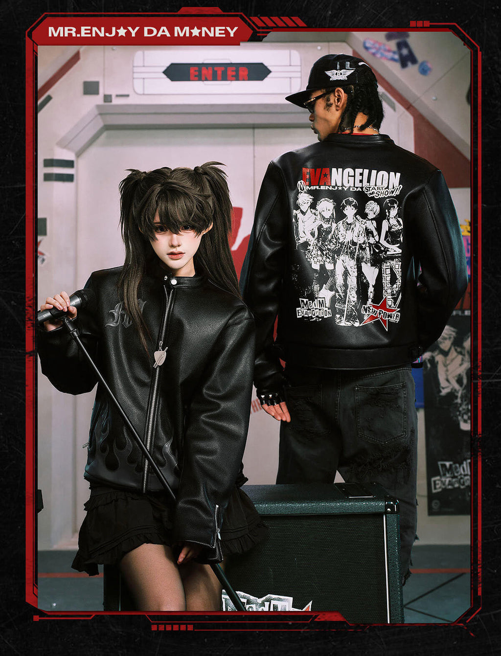 MEDM x EVA NEVER END Flame Character Portraits PU Leather Biker Jacket