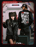 MEDM x EVA NEVER END Flame Character Portraits PU Leather Biker Jacket