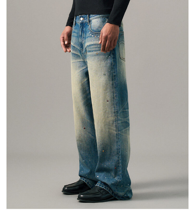 S45 Gemstone and Rhinestone Studded Washed Jeans
