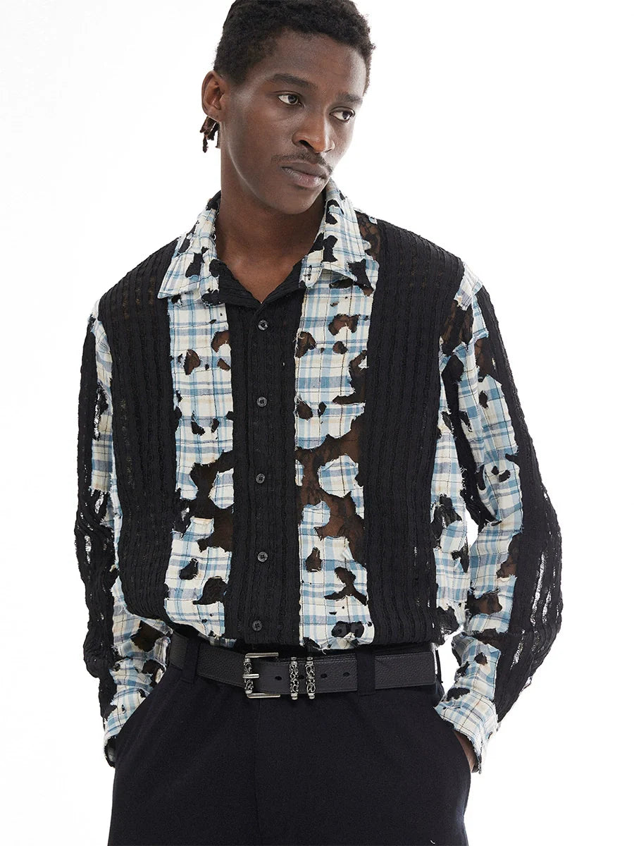 EMPTY REFERENCE Plaid Lace Patchwork Long Sleeve Shirt