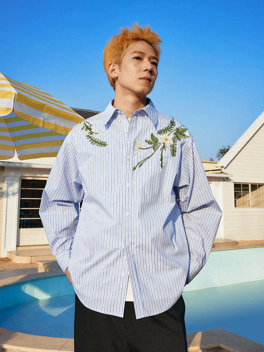 Harsh and Cruel Striped Floral Embroidered Long Sleeve Shirt