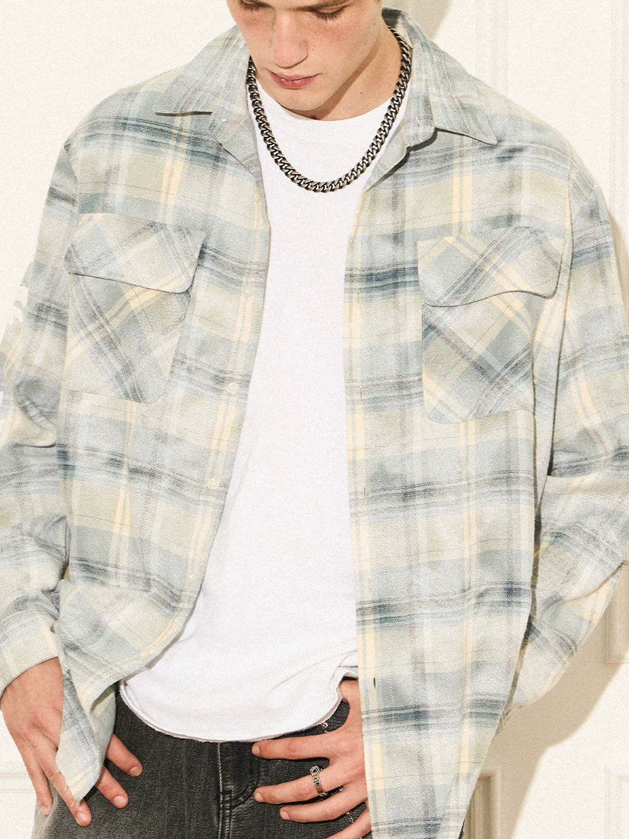 EMPTY REFERENCE Raw Edge Plaid Bubble Print Long Sleeve Shirt