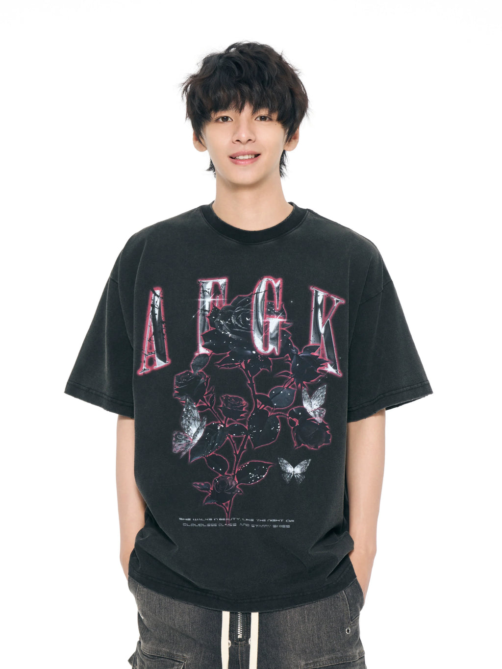 AFGK Metal Rose Print Distressed Washed Tee