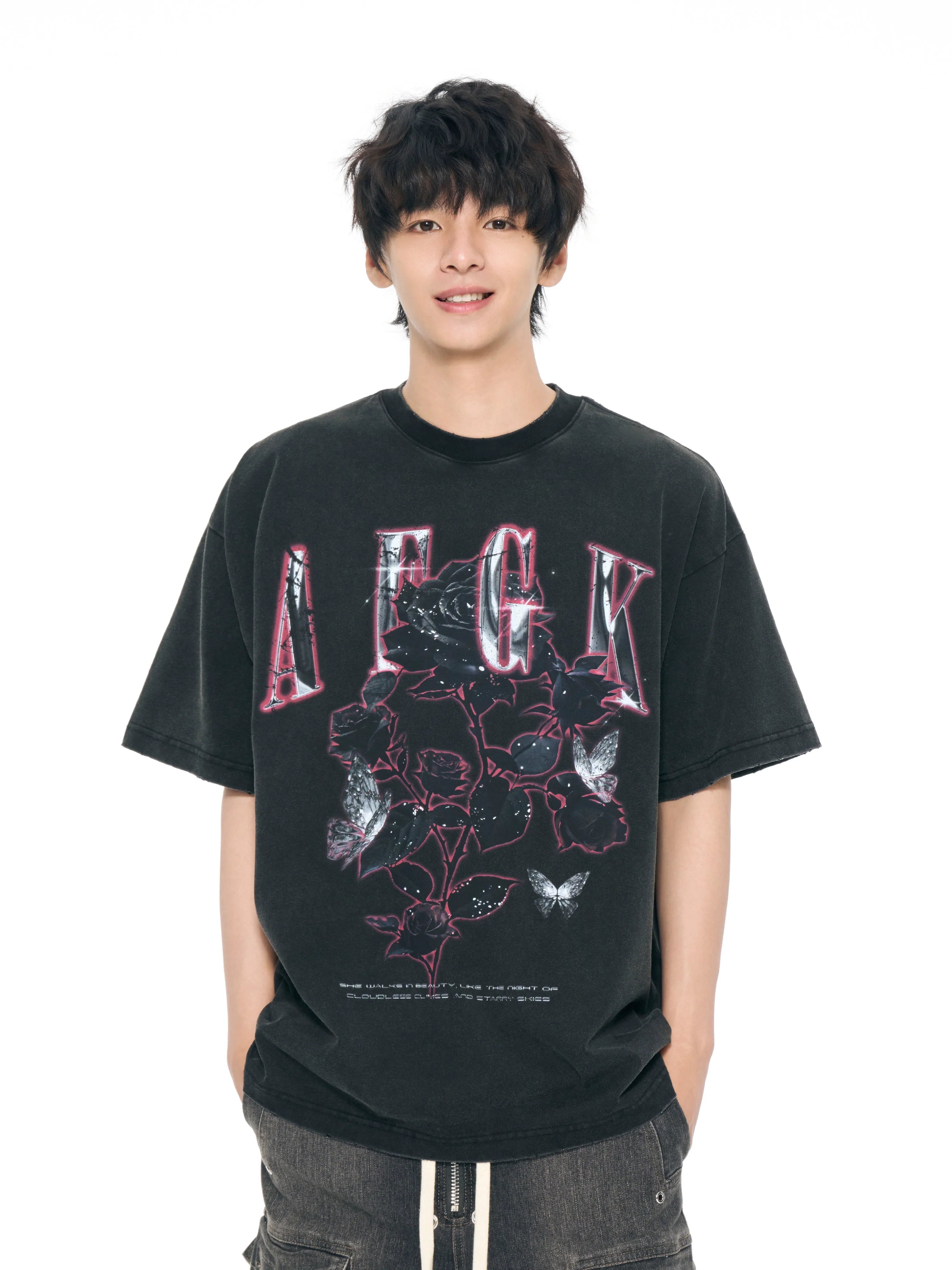 AFGK Metal Rose Print Distressed Washed Tee