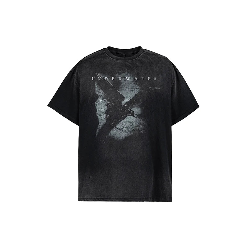 UNDERWATER Night Raven Print Washed Distressed Tee