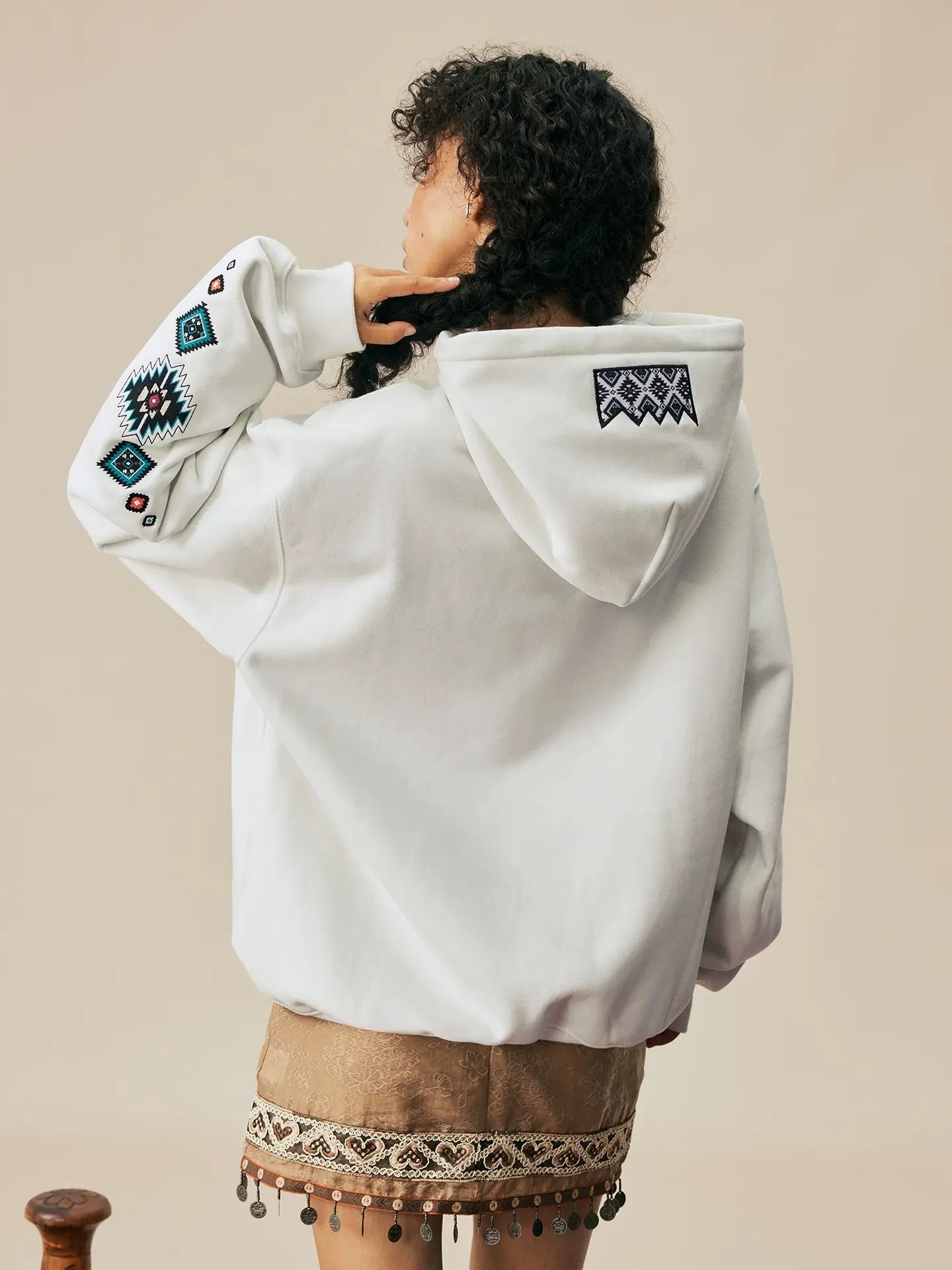MEDM Ethnic Embroidered Patch Pearl Oversized Hoodie