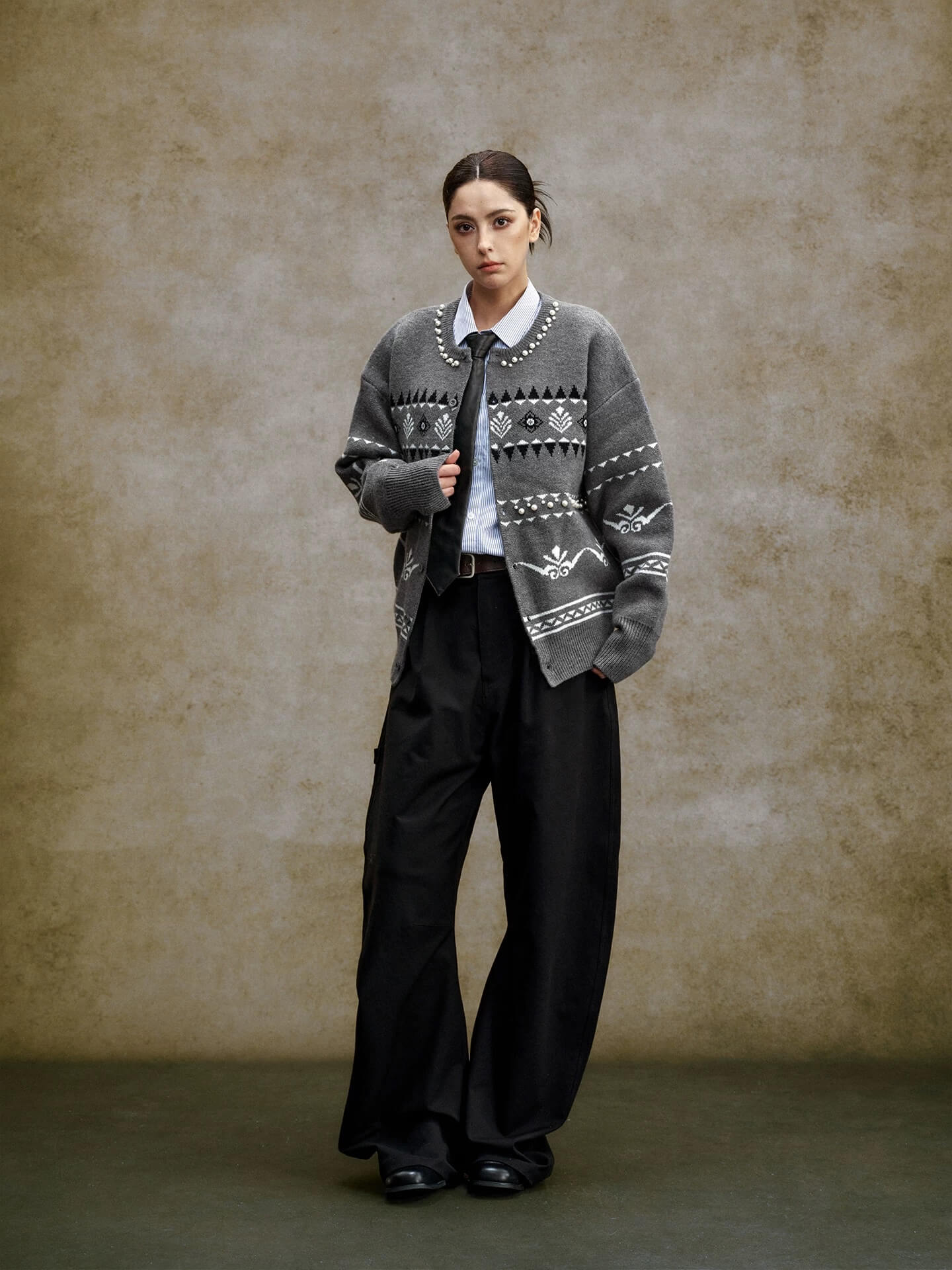 YADcrew Pearl Embellished Fair Isle Knit Crew Neck Cardigan