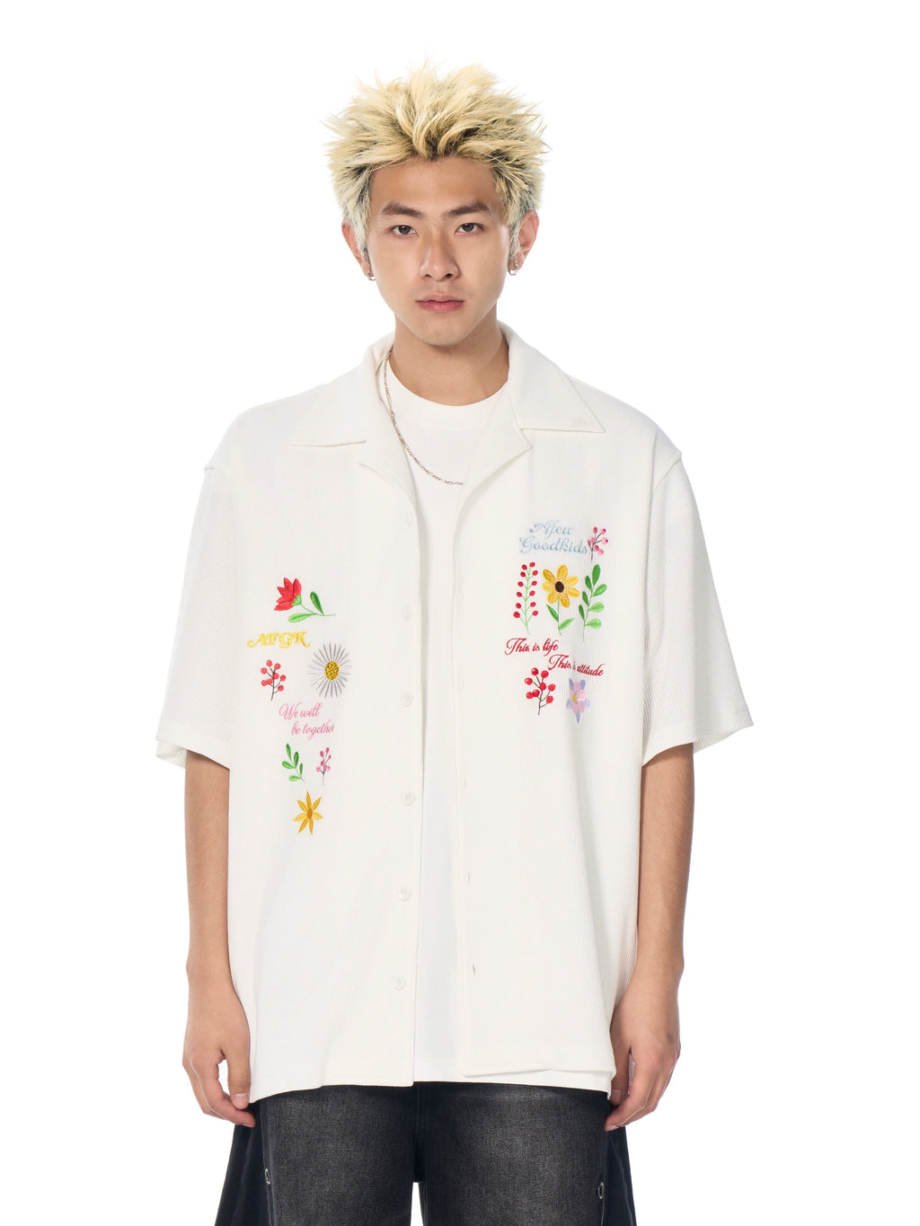 AFGK Floral Embroidered Waffle Short Sleeve Shirt