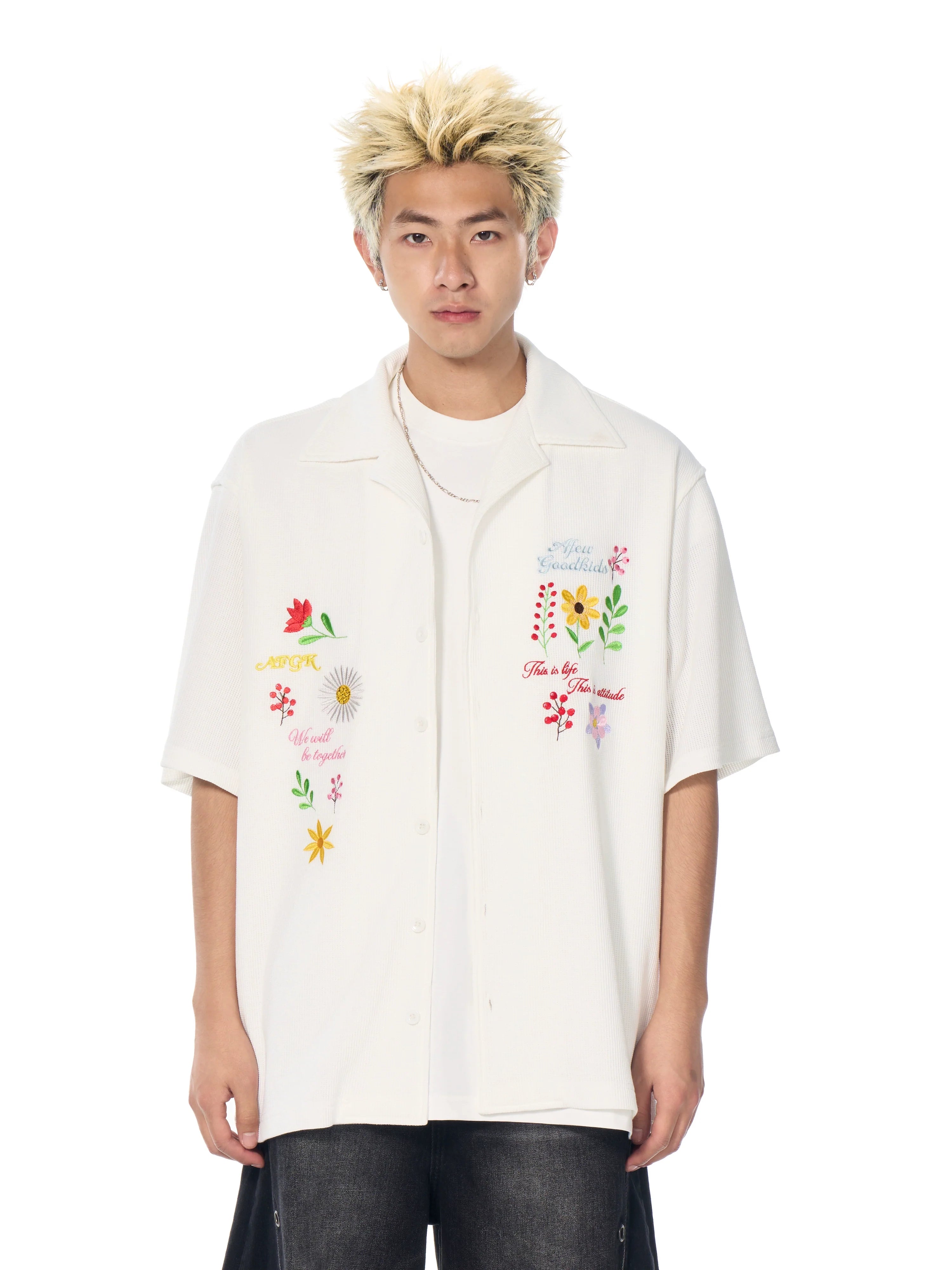 AFGK Floral Embroidered Waffle Short Sleeve Shirt