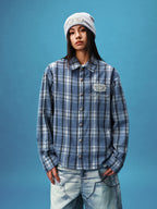 YADcrew Pearl-Embroidered Plaid Long-Sleeve Shirt