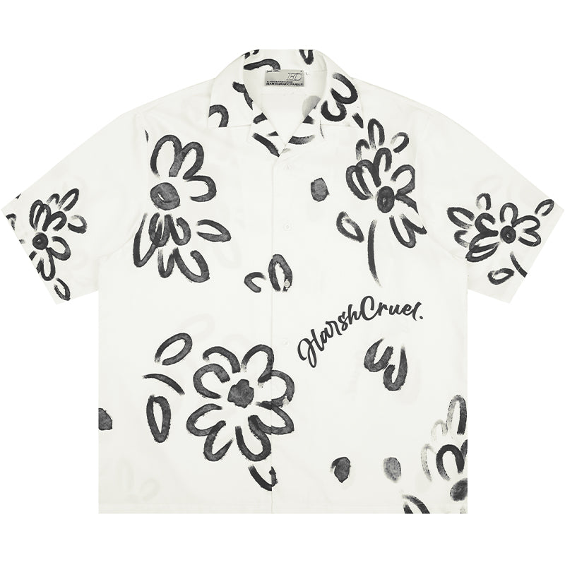 Harsh and Cruel Hand Painted Watercolor Flowers Handwritten Logo Cuban Shirt