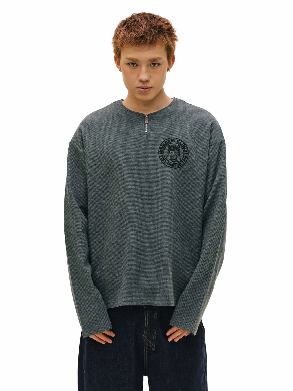 NOVACAM Waffle Vintage Print Zip Long Sleeve Tee