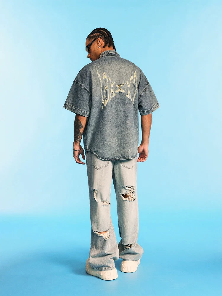 1807 Distressed Logo Washed Denim Short Sleeve Shirt