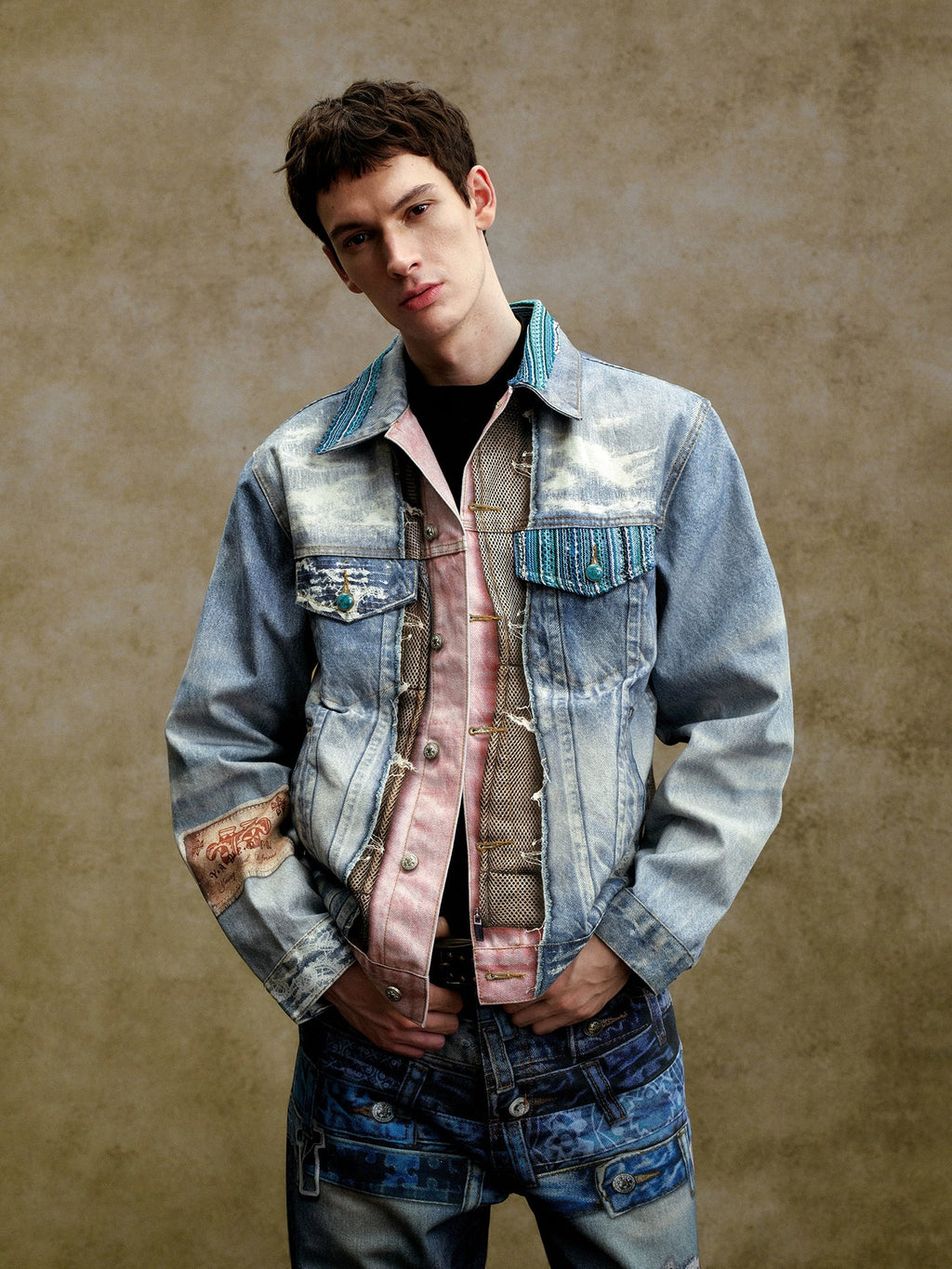 YADcrew Washed Digital Print Denim Jacket