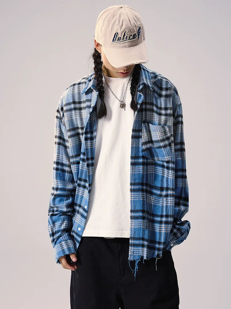 Remedy Washed Gradient Plaid Cutoff Long Sleeve Shirt