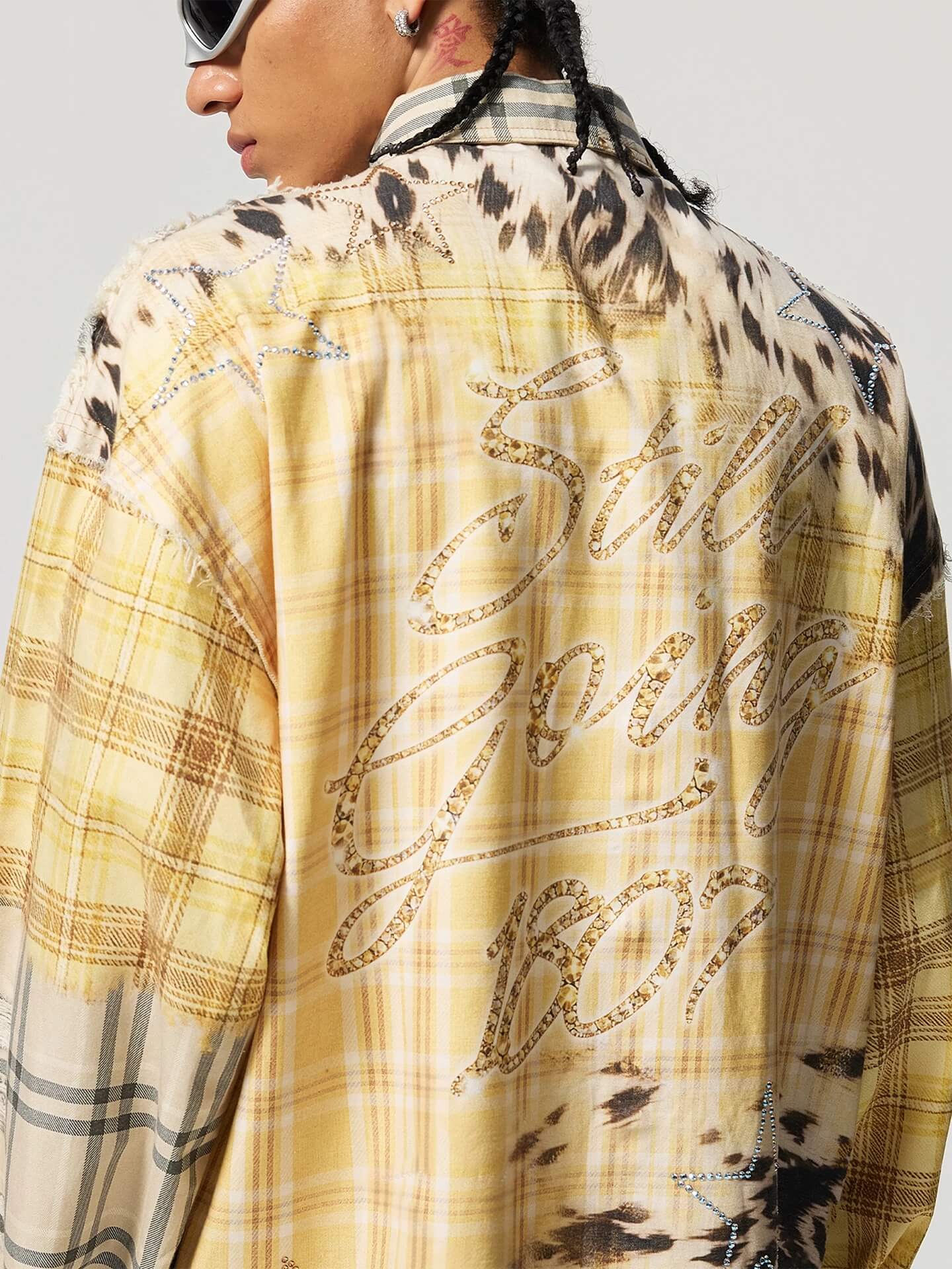 1807 Patchwork Print Plaid Rhinestone Long Sleeve Shirt