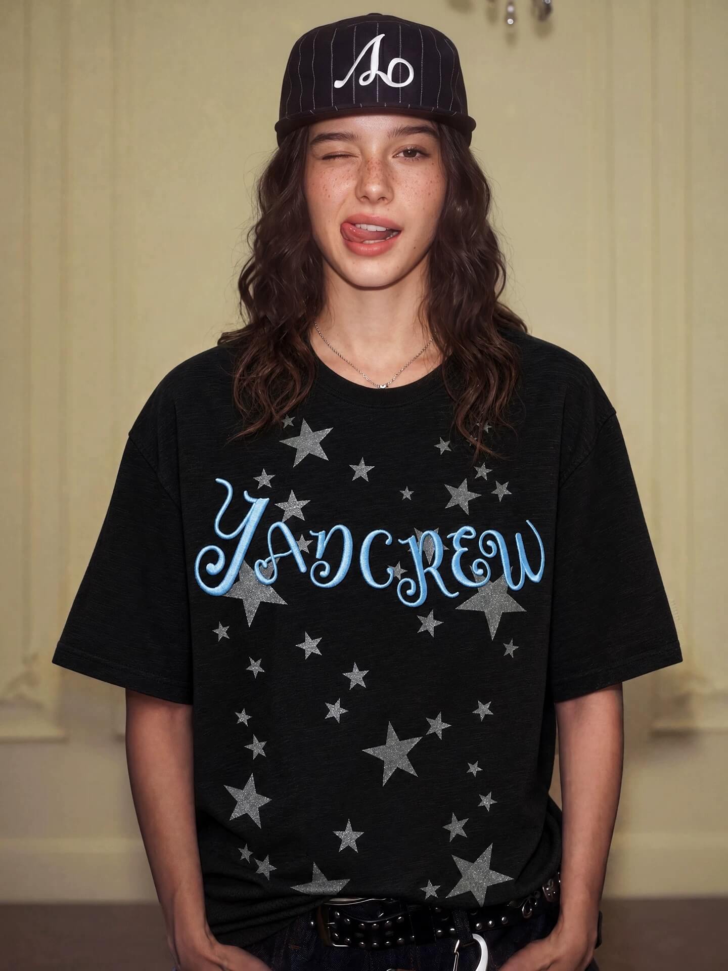 YADcrew Star Print 3D Logo Embroidered Tee