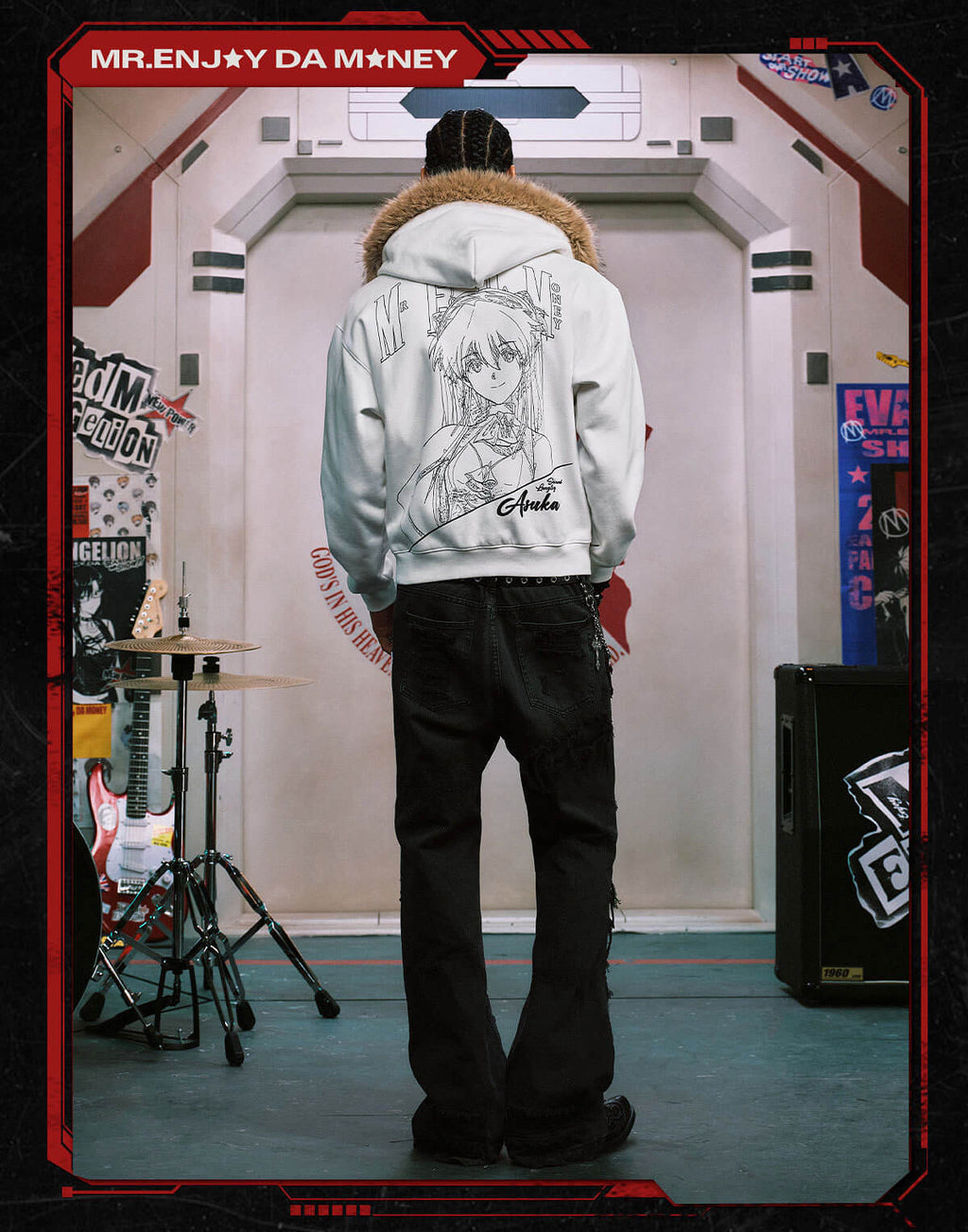 MEDM x EVA NEVER END Character Print Logo Embroidered Fur Hood Zip Up Hoodie