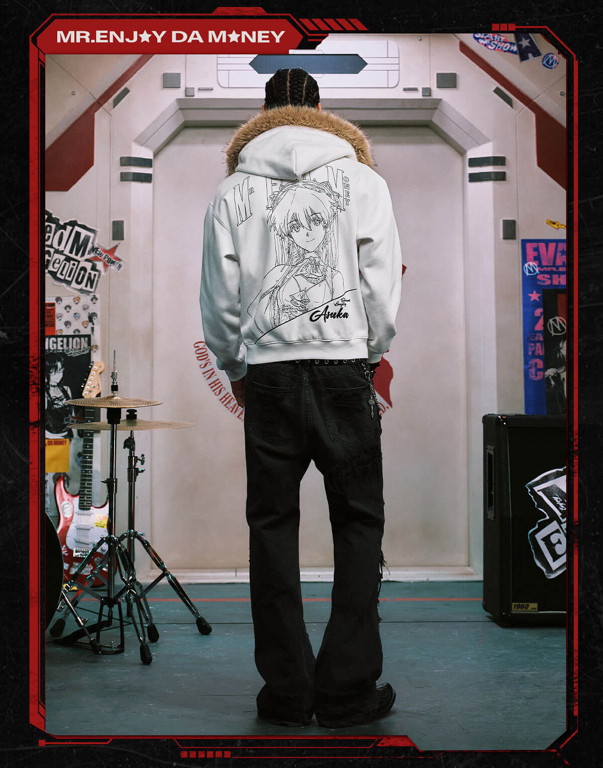 MEDM x EVA NEVER END Character Print Logo Embroidered Fur Hood Zip Up Hoodie