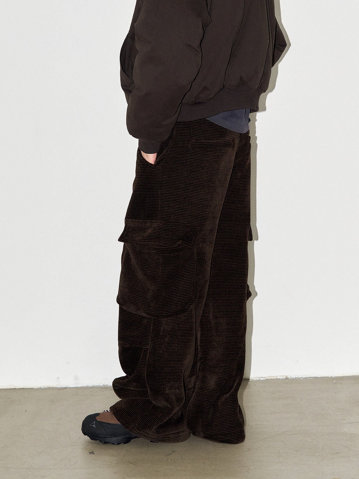 LIBERAFIT Waffle Texture Corduroy Flap Pocket Baggy Cargo Pants