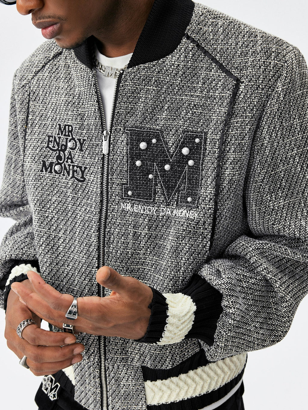 MEDM Pearl Tweed Short Varsity Jacket