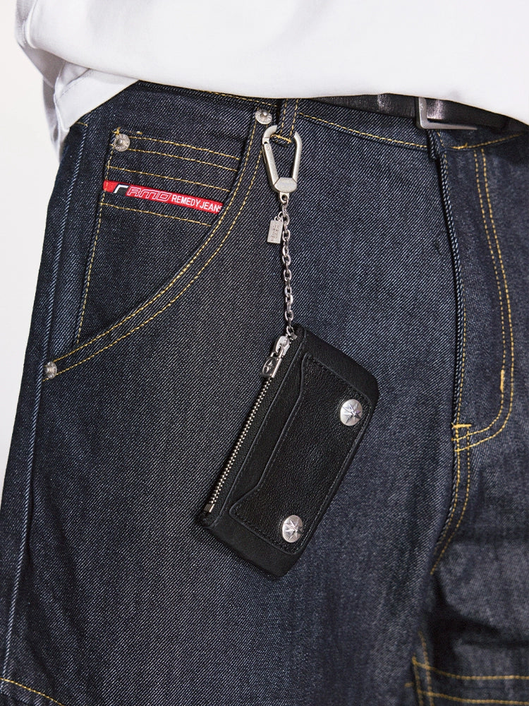 Remedy Metal Studded Keychain Coin Card Zipper Leather Wallet
