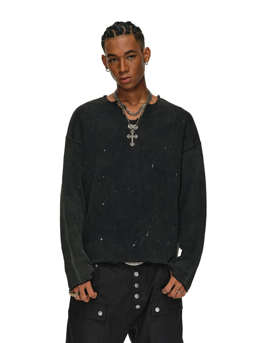 ANTIDOTE Striped Texture Washed Ink Splash Knit Sweater