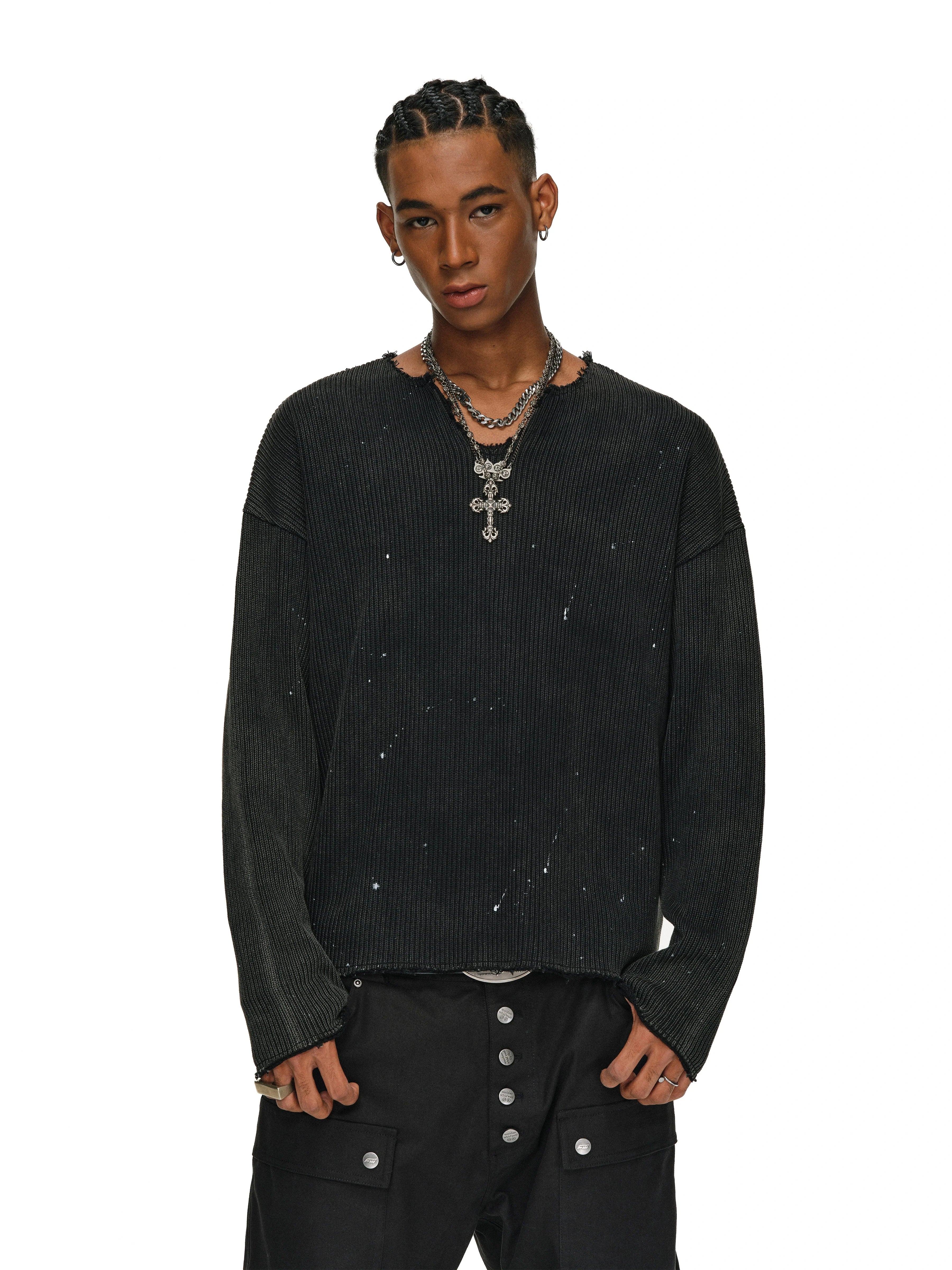 ANTIDOTE Striped Texture Washed Ink Splash Knit Sweater