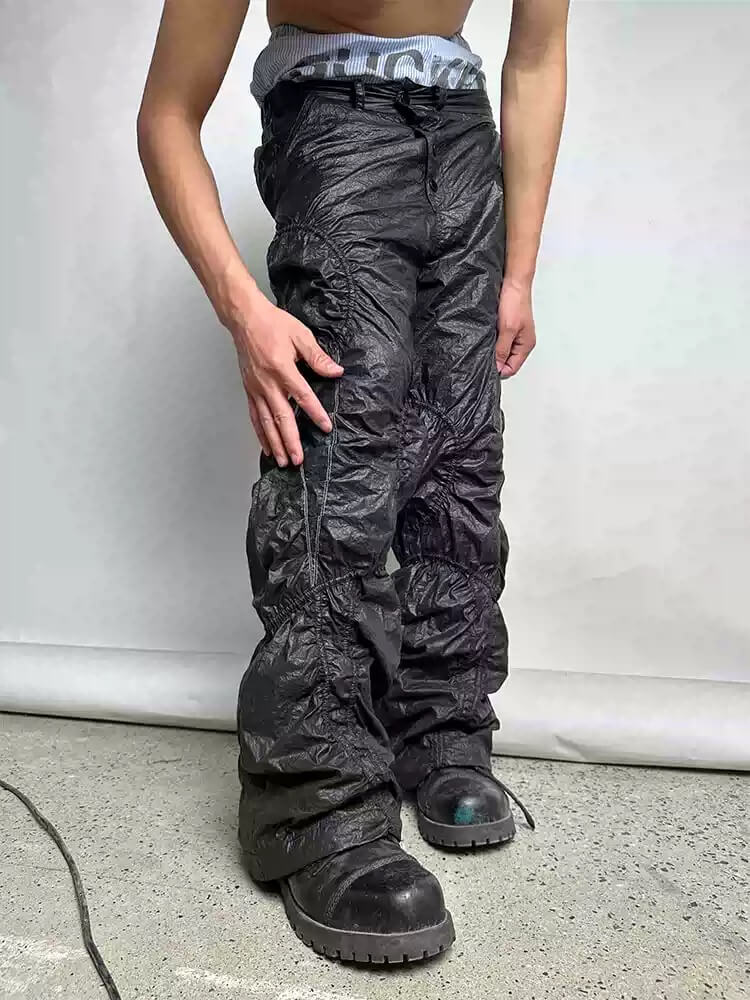 Night Lab Pleated Loose Fit Black Nylon Pants