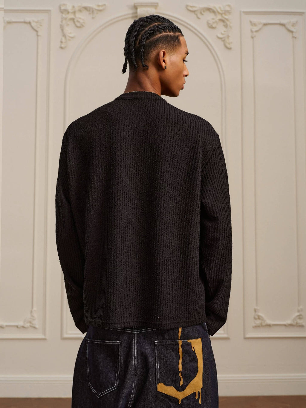 YADcrew Twisted Henley Pinstripe Long Sleeve Tee