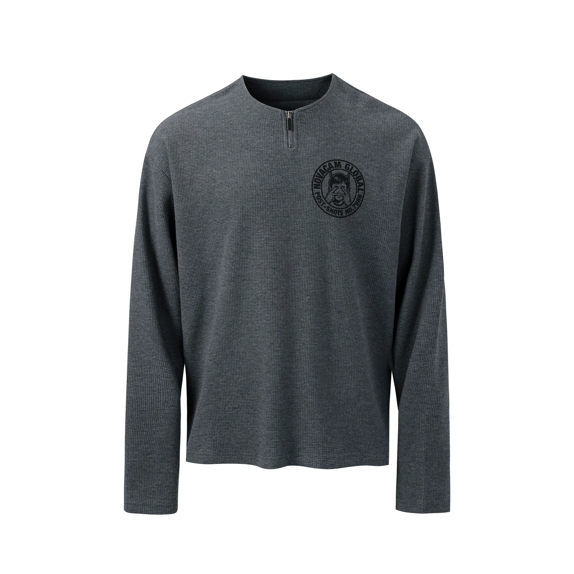 NOVACAM Waffle Vintage Print Zip Long Sleeve Tee