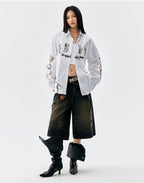 MEDM Lace Embroidered Striped Long Sleeve Shirt