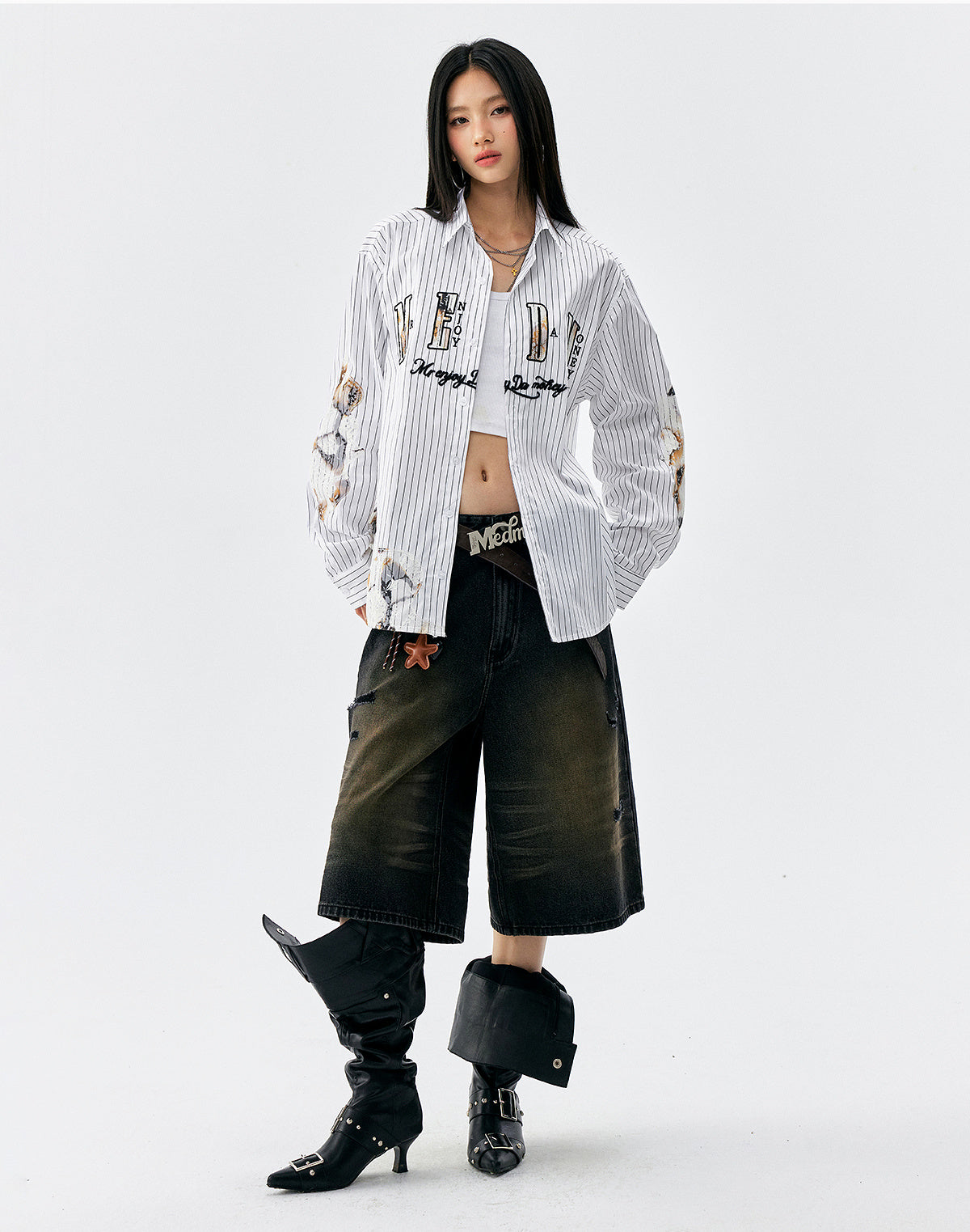 MEDM Lace Embroidered Striped Long Sleeve Shirt