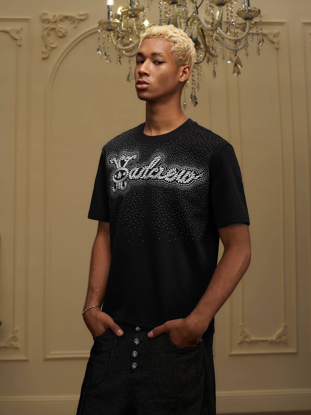 YADcrew Galaxy Rhinestone 3D Logo Embroidered Tee