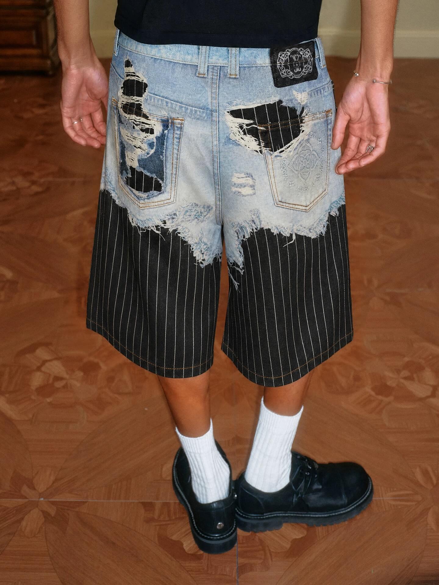 YADcrew Denim Stripe 3D Digital Print Shorts